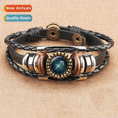 New Zodiac Time Gemstone Cowhide Bracelet Multi-Layer Copper