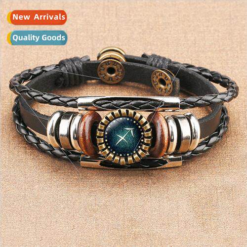 New Zodiac Time Gemstone Cowhide Bracelet Multi-Layer Copper