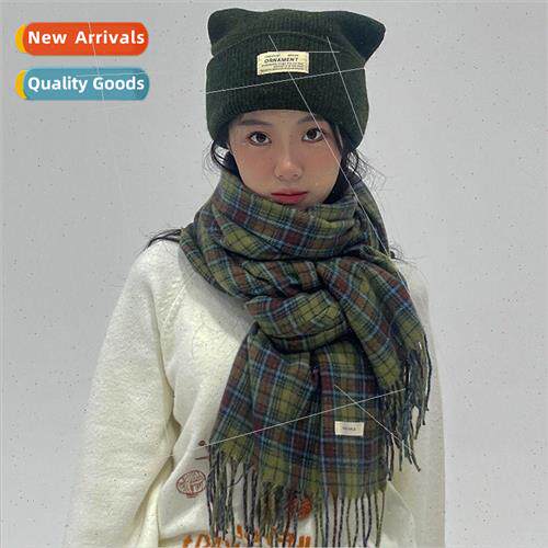 Retro green plaid scarf Ms. autumn and winter versatile pers