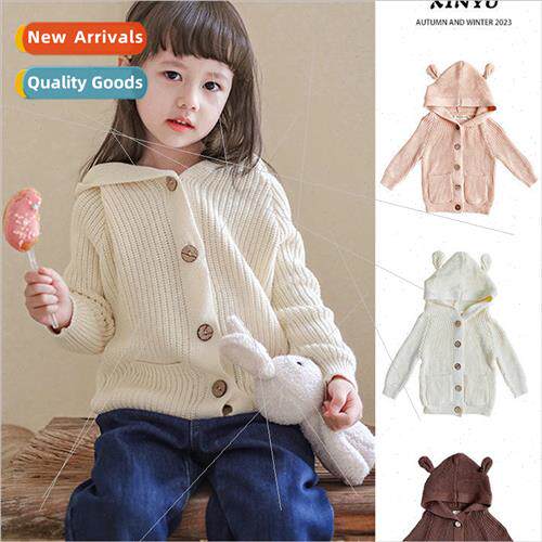 Winter childrens hooded solid color sweater cardigan jacket