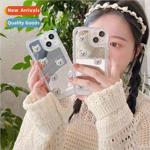 Korean  cute mirror cartoon bear 适用 iPhone 14pro phone cas