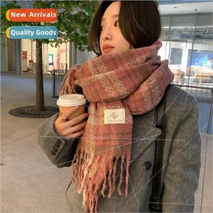 winter Kore pink sense senior female scarf plaid rose Dry