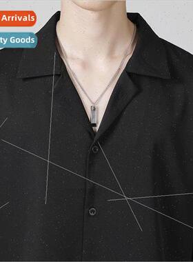 Ice silk shirt mens black short-sleeved blouse casual loose