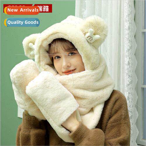 Womens winter hat scarf gloves three-piece set Cute hat scar