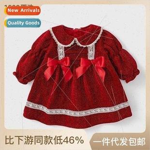 fall new childrens Girls bow 2023 red childr dresses