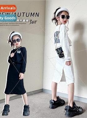 2022 new girls set spring and fall black split half-body ski