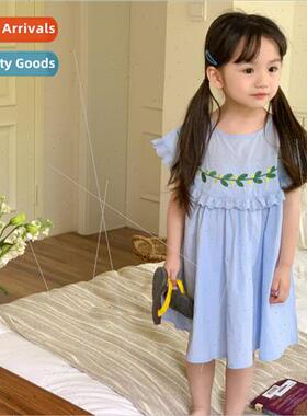 Korean childrens dress 2023 summer new girls small fresh emb