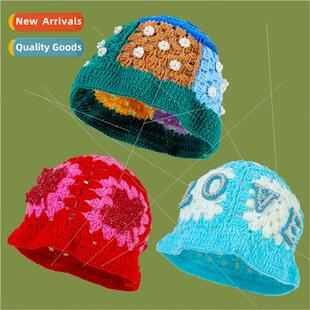 Japanese retro hollow flowers hand-knitted pot hat female fa