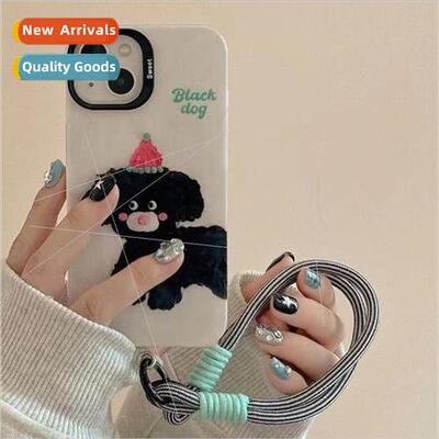 Cartoon Graffiti Black Puppy iPhone 15 Lanyard 14ProMax 适用