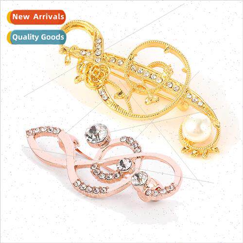 New Elegant musical notes brooch Diamonds pearls metal badge