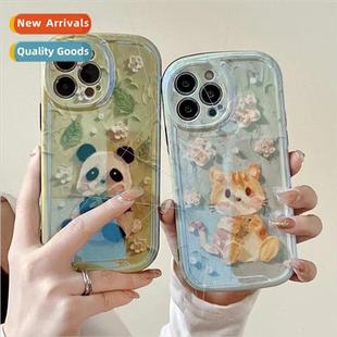 适用 case painting phone Apple panda light blue oil Retro