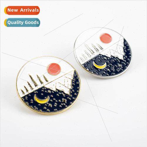 Hot Cartoon Enamel Day and ght Mountain Moon and Sun Brooch