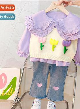 Korean childrens clothing new spring girls knitted vest suit