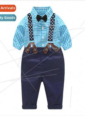 Childrens Spring Boys Plaid Long Sleeve Shirt Bow Tie Back P