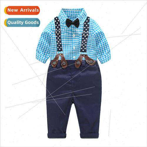 Childrens Spring Boys Plaid Long Sleeve Shirt Bow Tie Back P