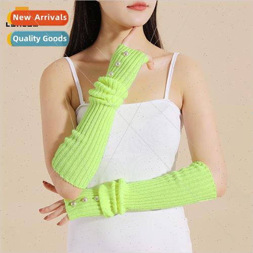 Fluorescent Green Sleeves Knitted ins Pearl Embellished Colo