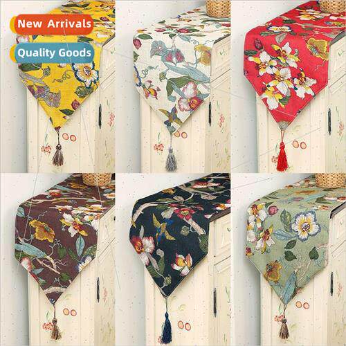 Chinese table flag cotton and linen wind birds and flowers d
