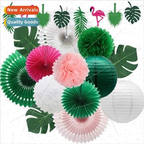 Summer Beach Theme Flamingo Paper Fan Set Non Woven Flag Pul