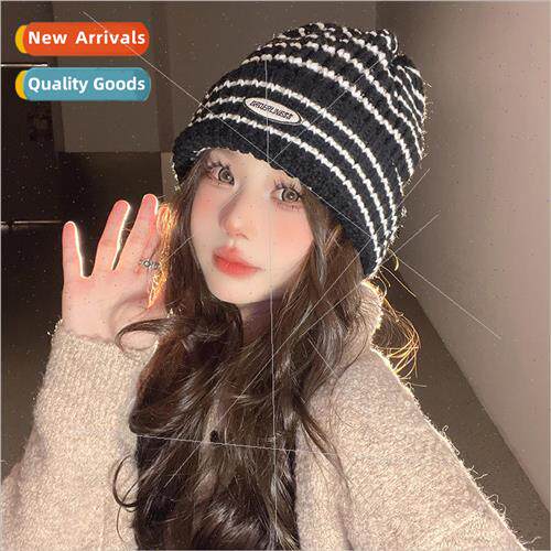 Striped ear protection wool cap female warm winter ear prote