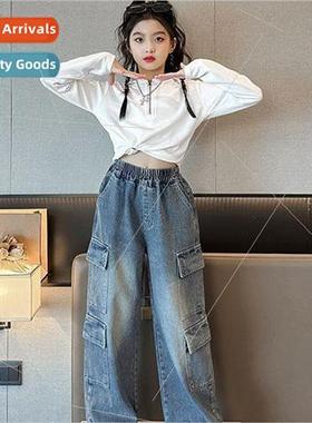 Girls fashionable fried set large pockets work jeans spring