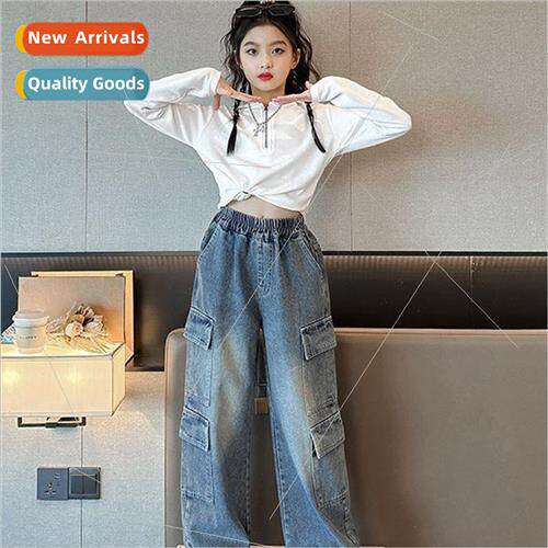 Girls fashionable fried set large pockets work jeans spring