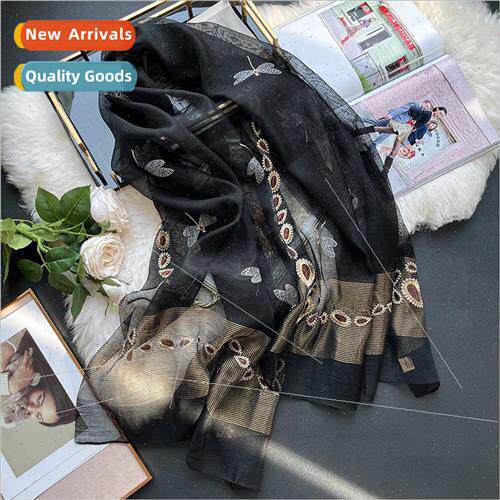 2023 Mulberry silk embroidered silk scarf gold embroidery si