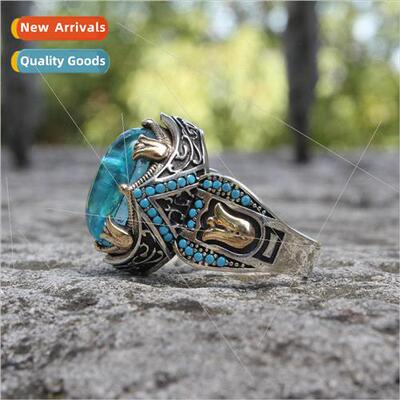 Carved Blue Gemstone Ring Two Tone Vintage Gemstone Wedding