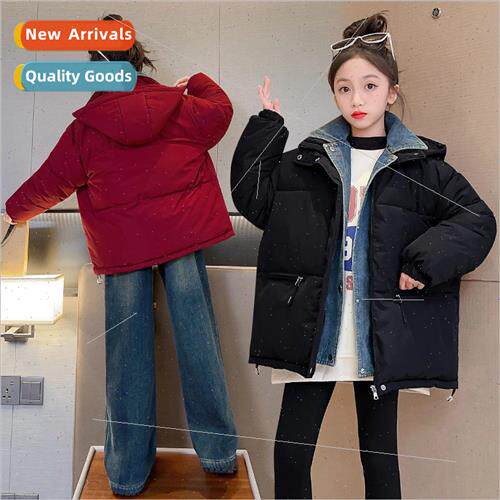 Girls denim splicing cotton jacket winter 2023 new 适用eign-
