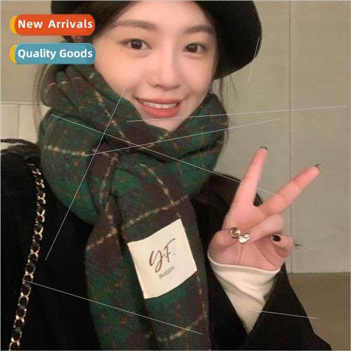 Retro green plaid scarf female winter Korean  of the white w