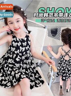 Girls Korean  of the bow print backless halter dress 2023 su