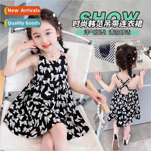 Girls Korean  of the bow print backless halter dress 2023 su