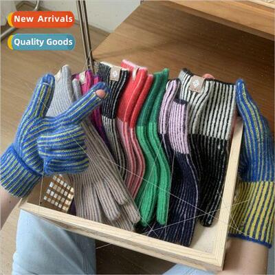 Rainbow gradient color woolen gloves female ins autumn and w