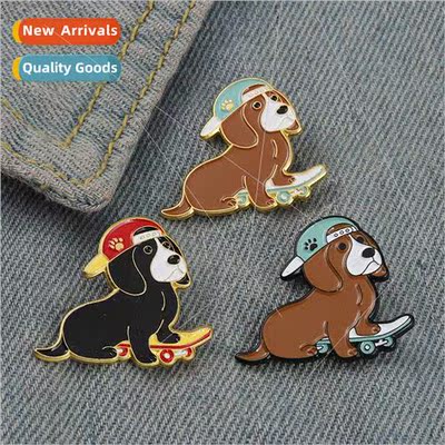 New creative cartoon animal badge cute dog playing skateboar