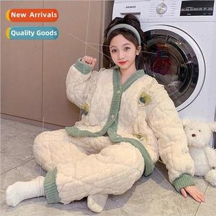 Girls pajamas coral fleece three-layer cotton sandwich littl