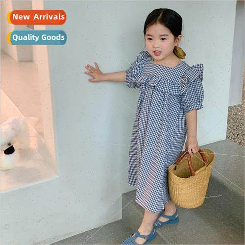 Korean childrens 2022 rustic literary plaid skirt summer gir