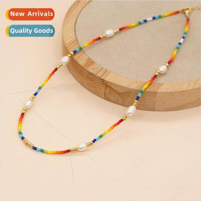 che Boho Charms Collarbone Chain Rainbow Color Rice Beads Pe