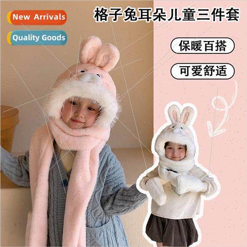 New cute childrens plaid rabbit ears warm three-piece winter