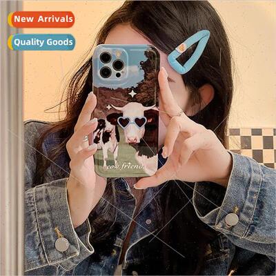 适用 Apple 14Pro cartoon sunglasses cow xr phone case iphone