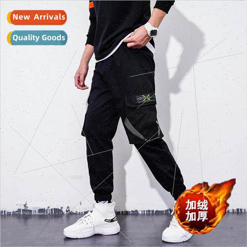 Padded thickened work pants men loose drawstring feet multi-