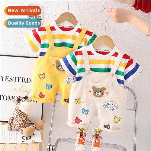 Childrens Bib Pants Colorful Striped Short Sleeve Suit Eleme