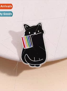 Cute Cartoon Bite Flag Black Cat Brooch Animal Badge Jewelry