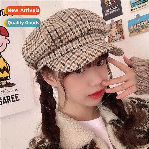 Hat female fall and winter new tweed plaid octagonal cap Eng