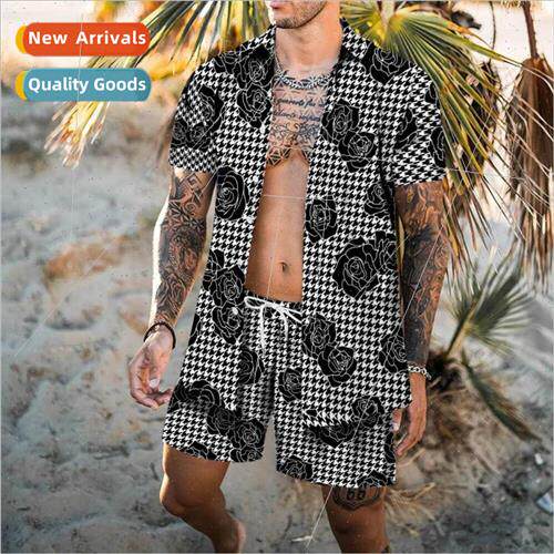 Summer New Mens Loose 3D Printed Short Sleeve Shirt Set Casu