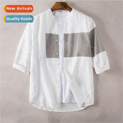 Color blocking five points in the sleeve linen shirt mens sh