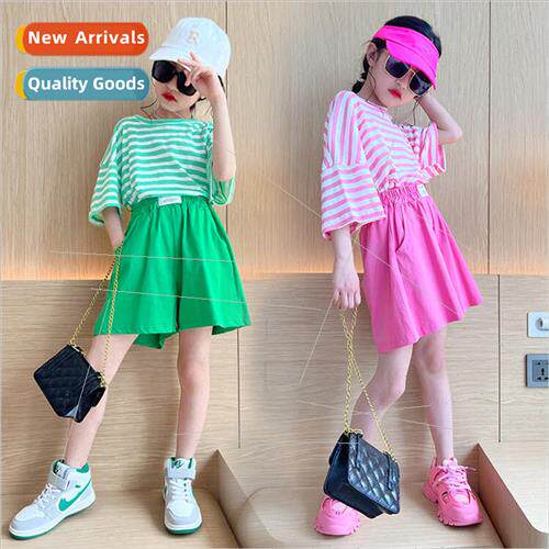 Childrens clothing girls casual suit 2023 summer new striped