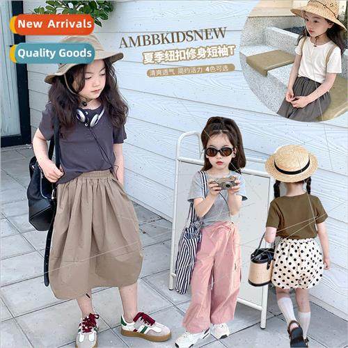 2023 new girls buttons Slim T-shirt childrens summer solid c