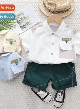 Patchwork hit gray childrens short-sleeved suit 2023 new sum