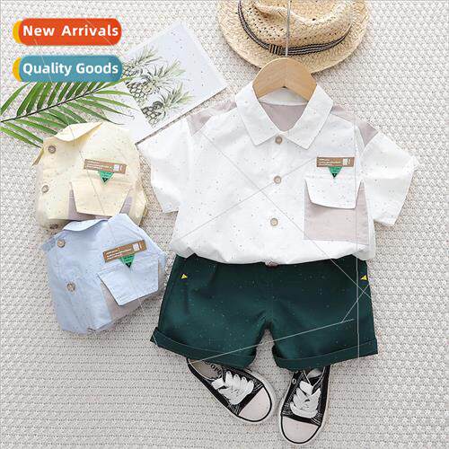 Patchwork hit gray childrens short-sleeved suit 2023 new sum