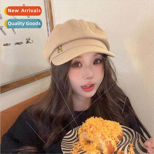 Hat womens fall and winter small plaid beret Korea metal sma
