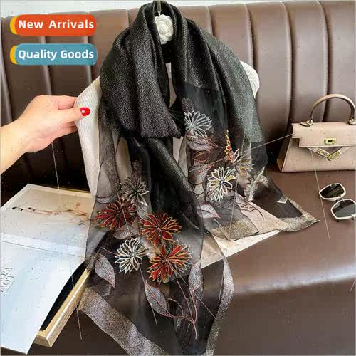 Temperament versatile new hand-beaded embroidery silk scarf